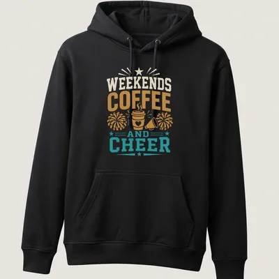 Vintage Coffee Cheer Weekends t-shirt featuring a coffee cup and cheerleading elements. — printed on a unisex hoodie