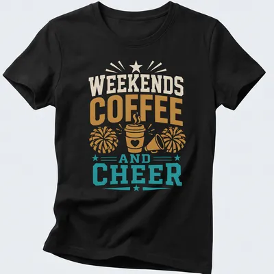 Vintage Coffee Cheer Weekends t-shirt featuring a coffee cup and cheerleading elements. — printed on a women's shirt