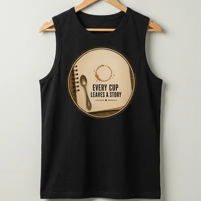 Vintage style t-shirt featuring a coffee cup with the phrase Every Cup Leaves a Story in brown and beige. — printed on a tank top