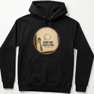 Vintage style t-shirt featuring a coffee cup with the phrase Every Cup Leaves a Story in brown and beige. — printed on a unisex hoodie