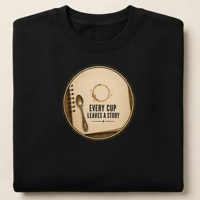 Vintage style t-shirt featuring a coffee cup with the phrase Every Cup Leaves a Story in brown and beige. — printed on a unisex sweatshirt