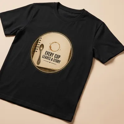 Vintage style t-shirt featuring a coffee cup with the phrase Every Cup Leaves a Story in brown and beige.