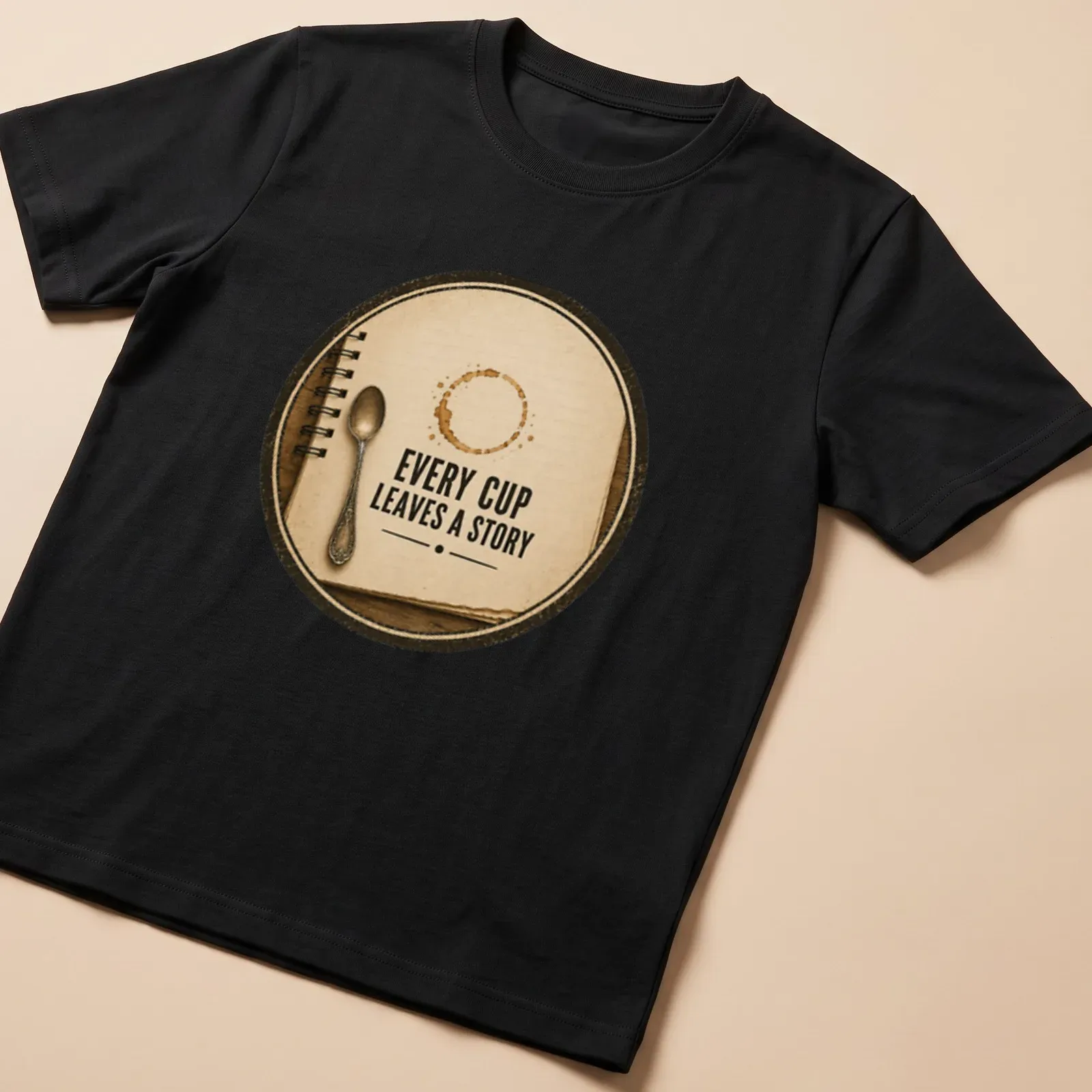Vintage style t-shirt featuring a coffee cup with the phrase Every Cup Leaves a Story in brown and beige. — printed on a unisex t-shirt