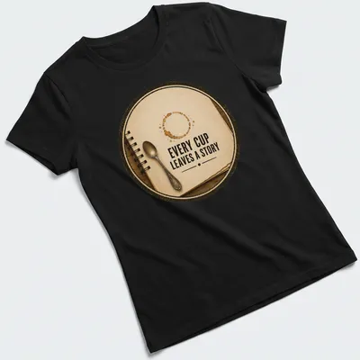 Vintage style t-shirt featuring a coffee cup with the phrase Every Cup Leaves a Story in brown and beige. — printed on a women's shirt
