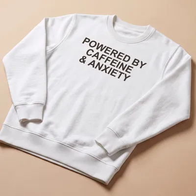 Bold typography t-shirt with the phrase 'Powered By Caffeine & Anxiety' in brown — printed on a unisex sweatshirt
