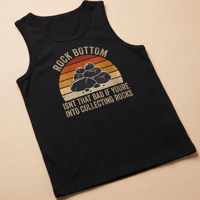 Retro distressed shirt with the phrase about rock collecting and illustrated rocks — printed on a tank top