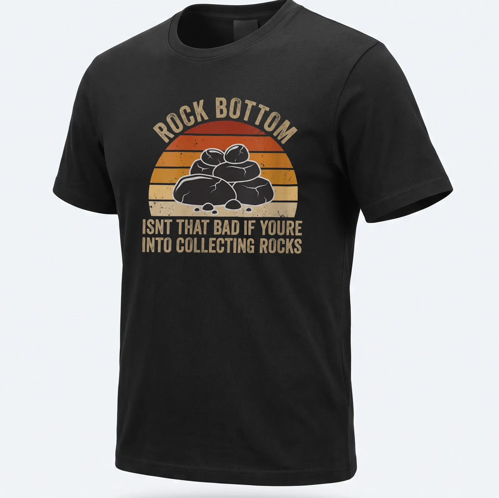 Retro distressed shirt with the phrase about rock collecting and illustrated rocks — printed on a unisex t-shirt