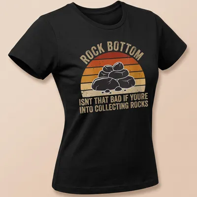 Retro distressed shirt with the phrase about rock collecting and illustrated rocks — printed on a women's shirt