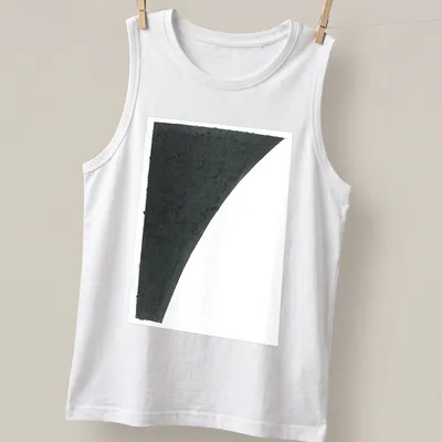 Abstract design with colored paper fragments and printed text in black and white. — printed on a tank top