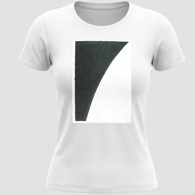 Abstract design with colored paper fragments and printed text in black and white. — printed on a women's shirt