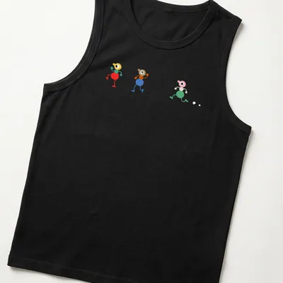 Playful illustration of colorful cartoon characters walking together — printed on a tank top