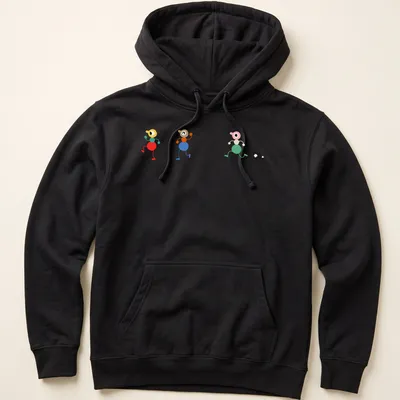 Playful illustration of colorful cartoon characters walking together — printed on a unisex hoodie