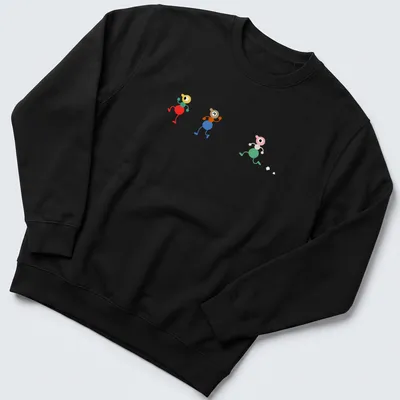 Playful illustration of colorful cartoon characters walking together — printed on a unisex sweatshirt