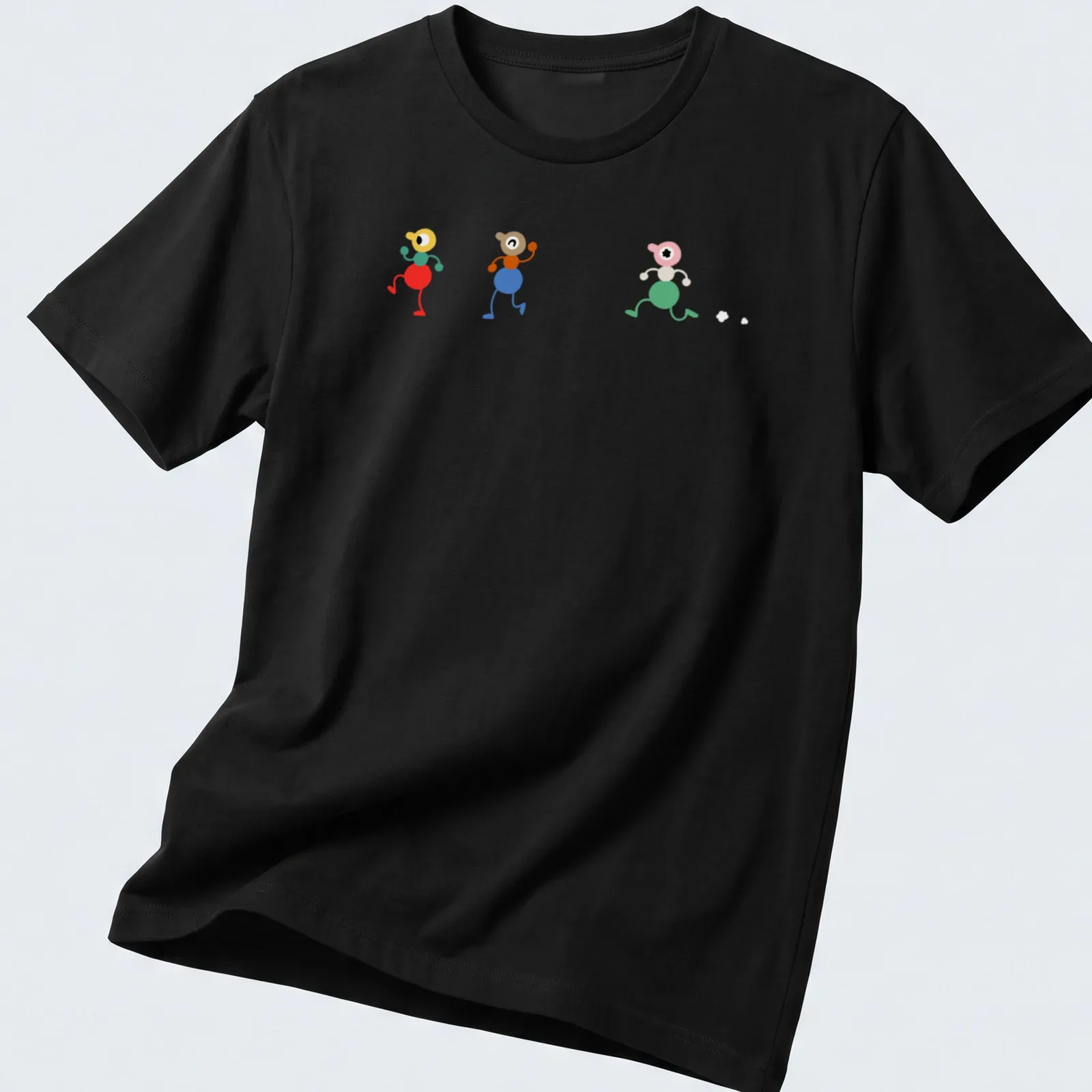 Playful illustration of colorful cartoon characters walking together — printed on a unisex t-shirt