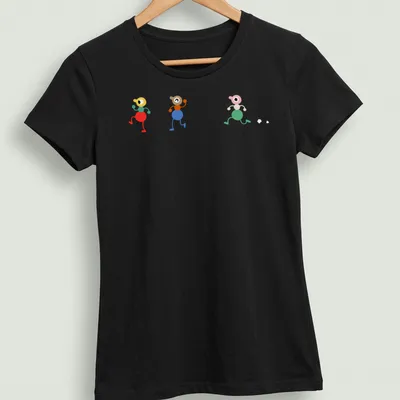 Playful illustration of colorful cartoon characters walking together — printed on a women's shirt
