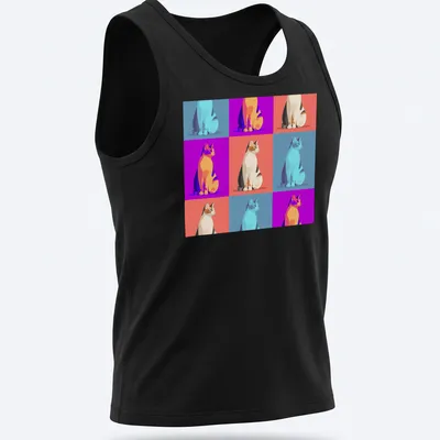 Pop art t-shirt featuring colorful cats in various vibrant colors — printed on a tank top