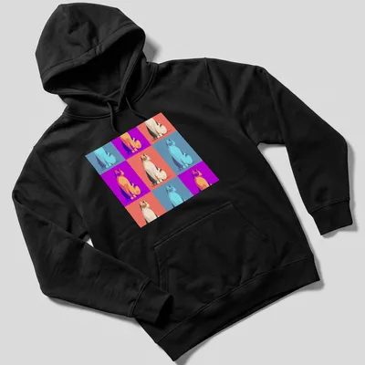 Pop art t-shirt featuring colorful cats in various vibrant colors — printed on a unisex hoodie