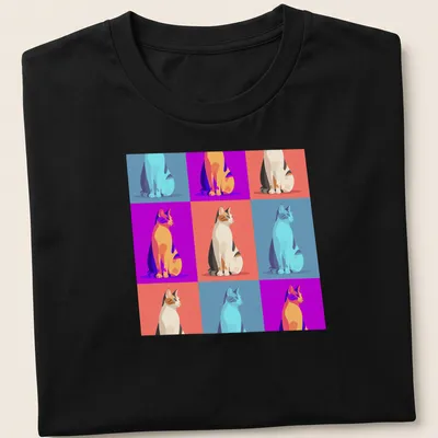 Pop art t-shirt featuring colorful cats in various vibrant colors