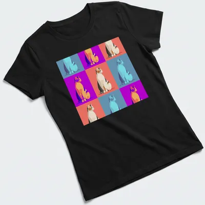Pop art t-shirt featuring colorful cats in various vibrant colors — printed on a women's shirt