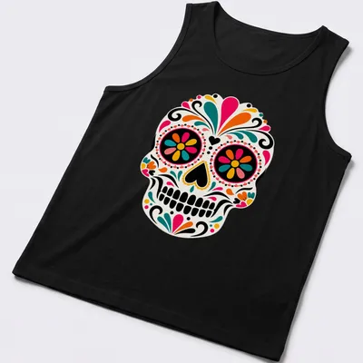 Vibrant decorative skull design in pink, orange, green, blue, and black on a — printed on a tank top