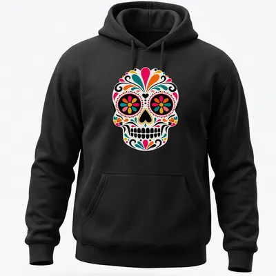 Vibrant decorative skull design in pink, orange, green, blue, and black on a — printed on a unisex hoodie