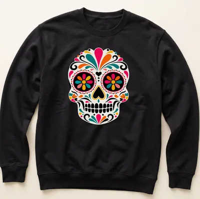 Vibrant decorative skull design in pink, orange, green, blue, and black on a — printed on a unisex sweatshirt