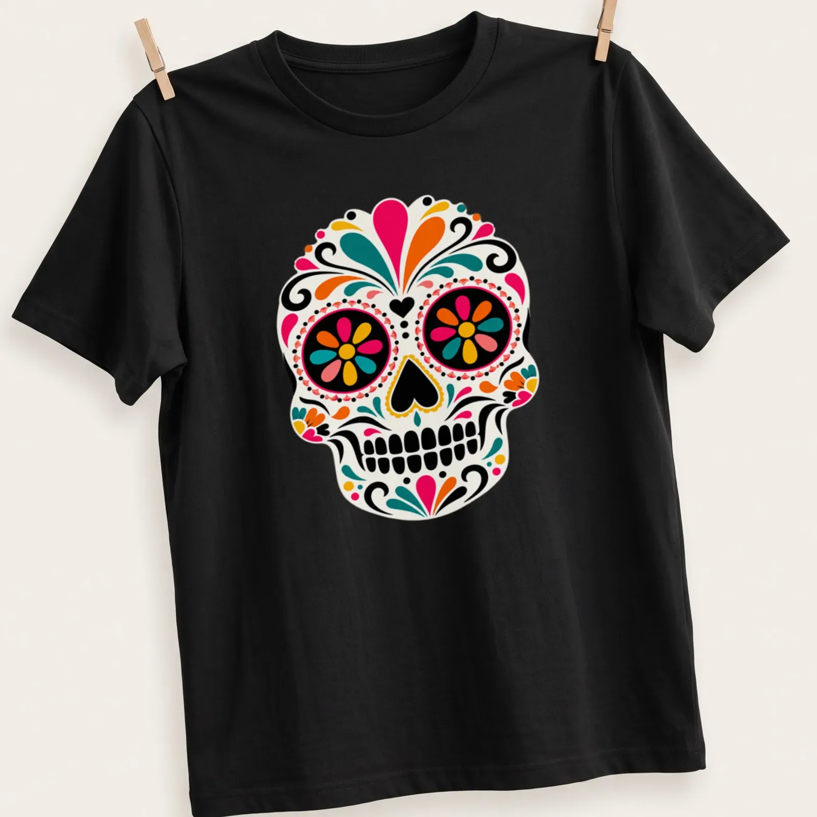 Vibrant decorative skull design in pink, orange, green, blue, and black on a — printed on a unisex t-shirt