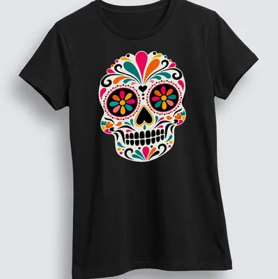 Vibrant decorative skull design in pink, orange, green, blue, and black on a — printed on a women's shirt