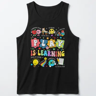 Colorful cartoon design featuring educational icons and the phrase 'Play Is Learning' — printed on a tank top