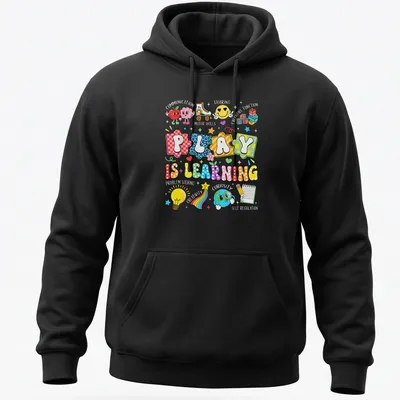 Colorful cartoon design featuring educational icons and the phrase 'Play Is Learning' — printed on a unisex hoodie