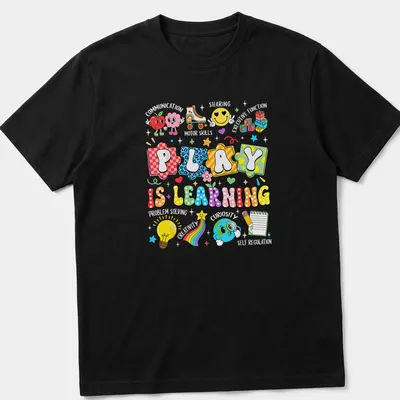 Colorful cartoon design featuring educational icons and the phrase 'Play Is Learning'