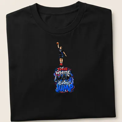 Colorful parody shirt featuring a basketball player with humorous text.