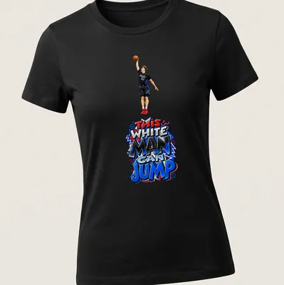 Colorful parody shirt featuring a basketball player with humorous text. — printed on a women's shirt