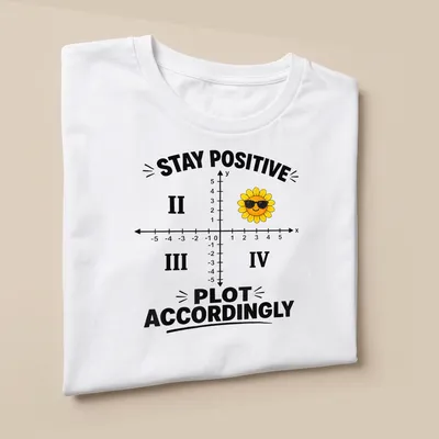 Colorful flower wearing sunglasses with text about positivity on a — printed on a unisex t-shirt (angled view)