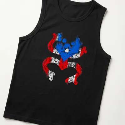 Distressed graphic featuring a Coqui frog representing Puerto Rico's flag colors — printed on a tank top