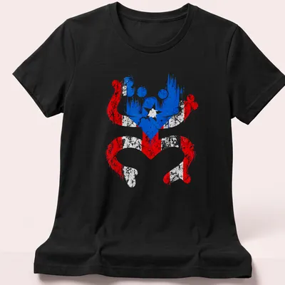 Distressed graphic featuring a Coqui frog representing Puerto Rico's flag colors — printed on a women's shirt