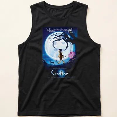 Illustration of Coraline with text about bravery in blue, black, yellow, and white. — printed on a tank top