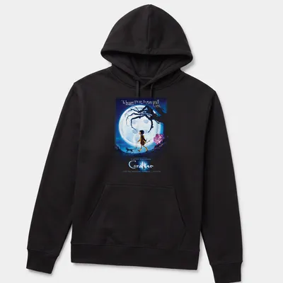 Illustration of Coraline with text about bravery in blue, black, yellow, and white. — printed on a unisex hoodie