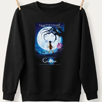 Illustration of Coraline with text about bravery in blue, black, yellow, and white. — printed on a unisex sweatshirt