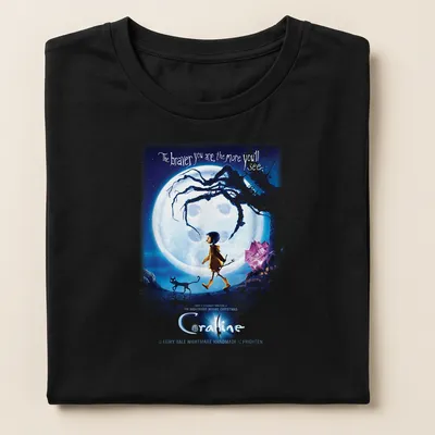 Illustration of Coraline with text about bravery in blue, black, yellow, and white. — printed on a women's shirt