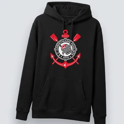 Corinthians Paulista logo in black, white, and red on an emblem-style — printed on a unisex hoodie