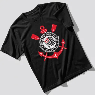 Corinthians Paulista logo in black, white, and red on an emblem-style — printed on a unisex t-shirt