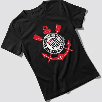 Corinthians Paulista logo in black, white, and red on an emblem-style — printed on a women's shirt