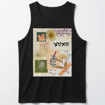 Cottagecore-inspired T-shirt with XOXO text and a collage of colors — printed on a tank top