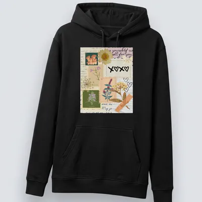 Cottagecore-inspired T-shirt with XOXO text and a collage of colors — printed on a unisex hoodie