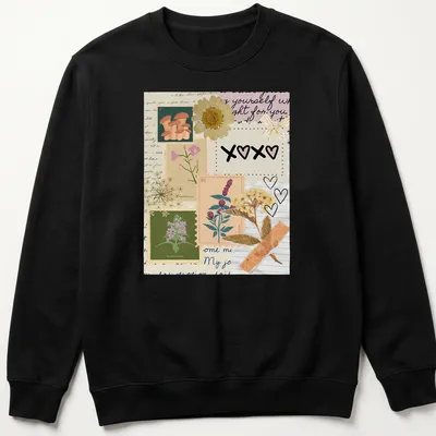 Cottagecore-inspired T-shirt with XOXO text and a collage of colors — printed on a unisex sweatshirt