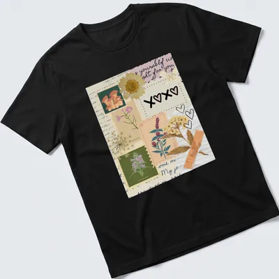 Cottagecore-inspired T-shirt with XOXO text and a collage of colors