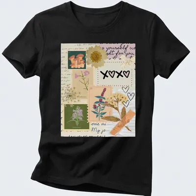 Cottagecore-inspired T-shirt with XOXO text and a collage of colors — printed on a women's shirt