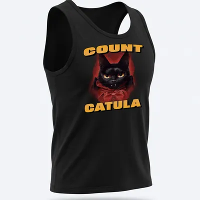 Vintage cartoon Count Catula design featuring a black cat for Halloween. — printed on a tank top