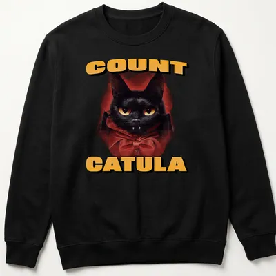 Vintage cartoon Count Catula design featuring a black cat for Halloween. — printed on a unisex sweatshirt